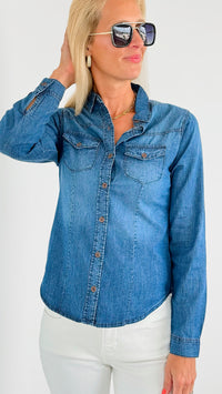 Denim Classic Button-Up Shirt -Dark Blue-130 Long Sleeve Tops-Blue Age-Coastal Bloom Boutique, find the trendiest versions of the popular styles and looks Located in Indialantic, FL