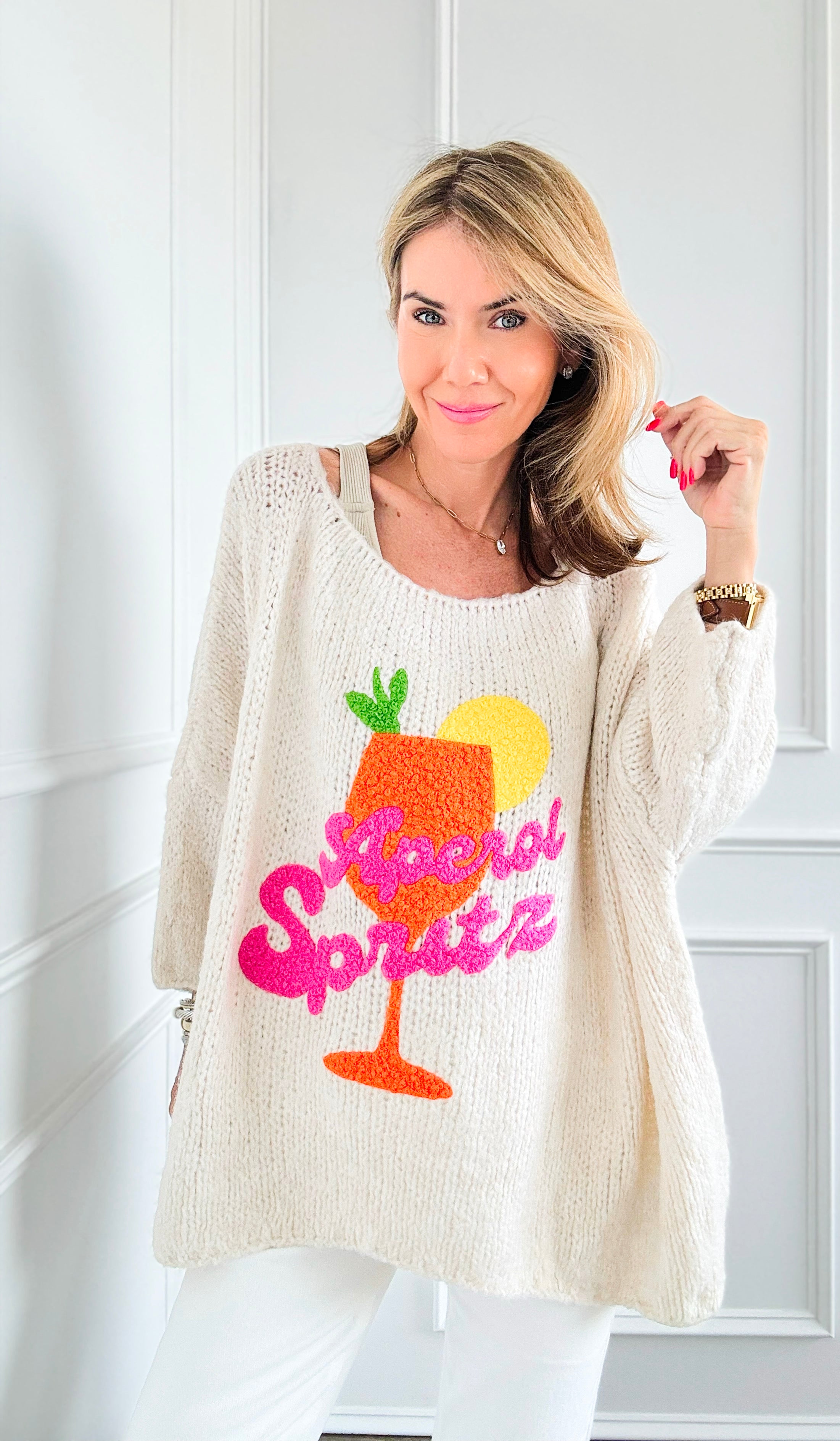 Aperol Spritz Italian Knit Sweater - Ecru-140 Sweaters-Italianissimo-Coastal Bloom Boutique, find the trendiest versions of the popular styles and looks Located in Indialantic, FL