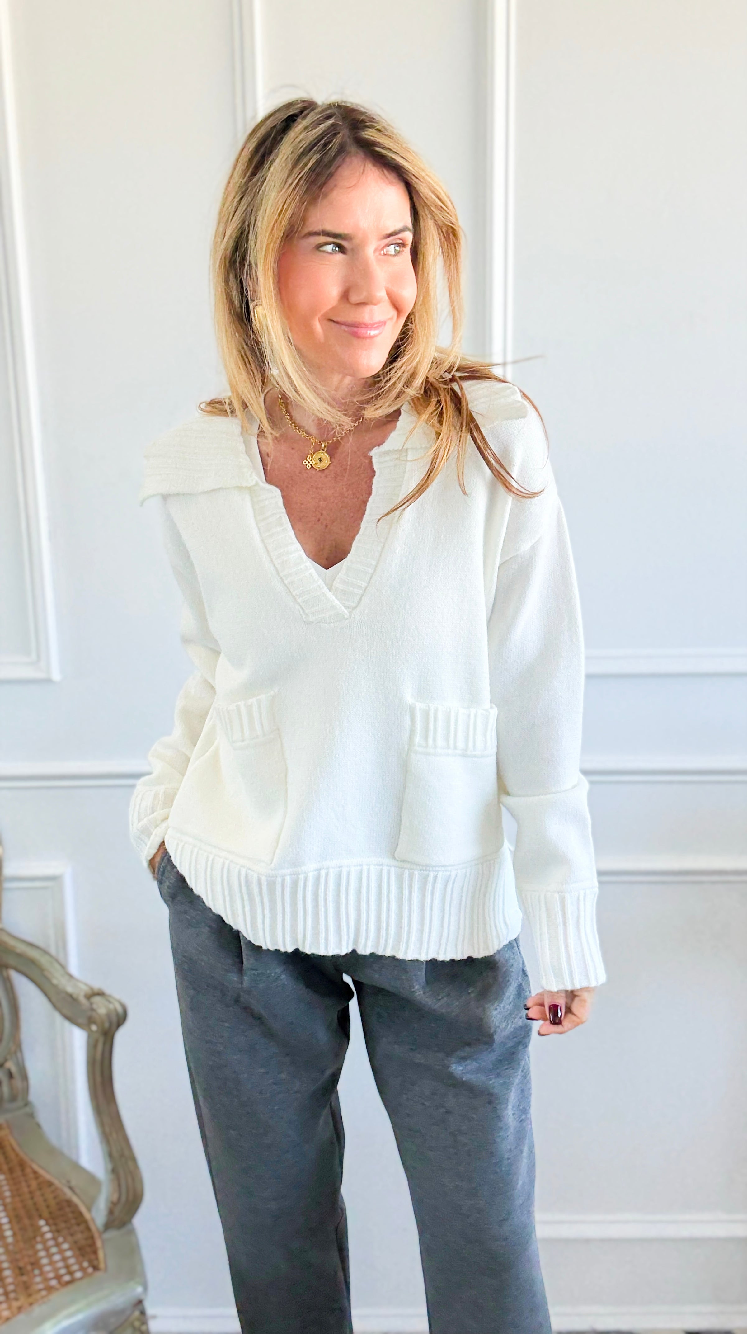 Fifth Avenue Flap Collar Pocket Sweater