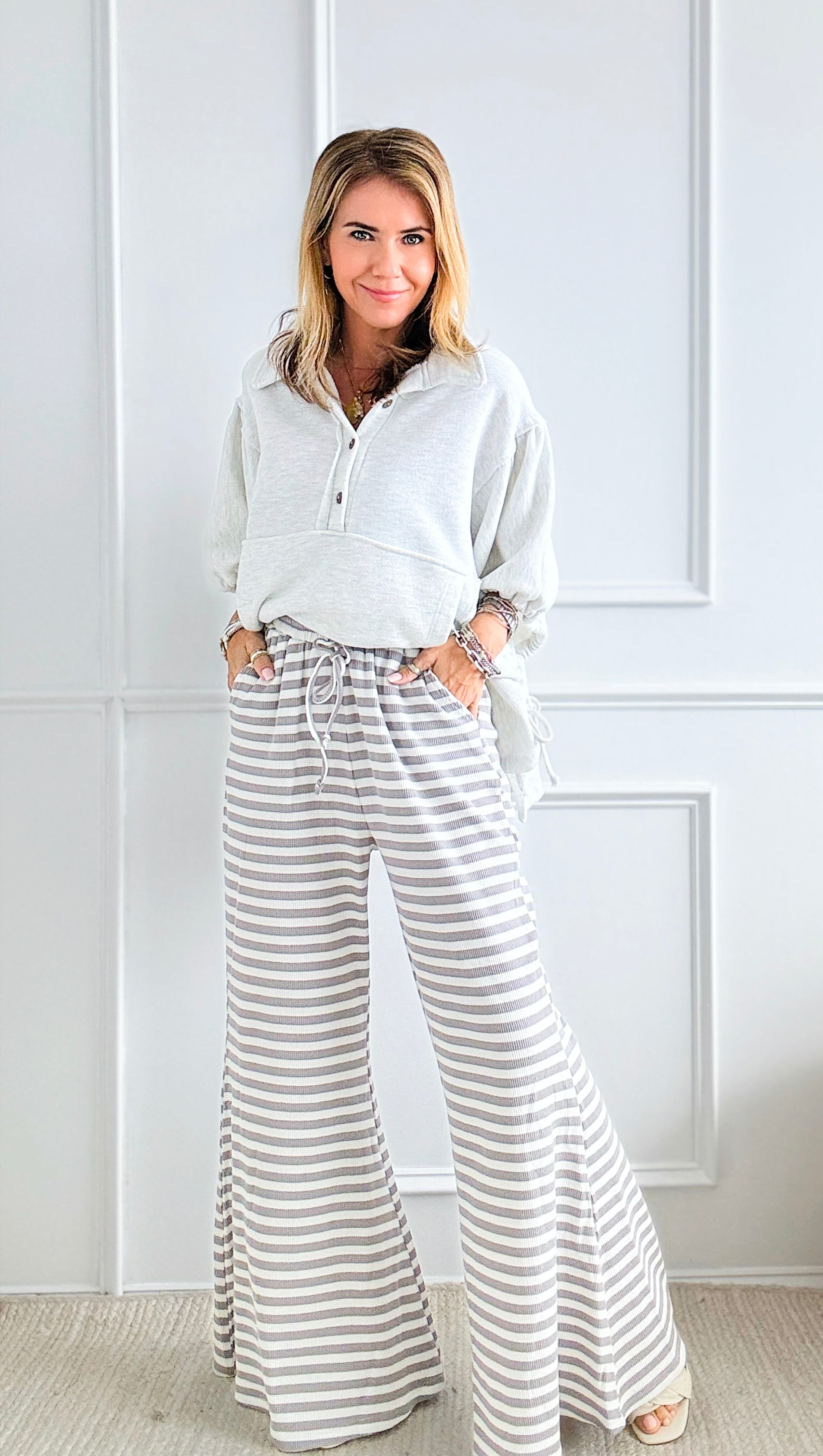 Striped Knit Palazzo Pants Grey-170 Bottoms-Anniewear-Coastal Bloom Boutique, find the trendiest versions of the popular styles and looks Located in Indialantic, FL