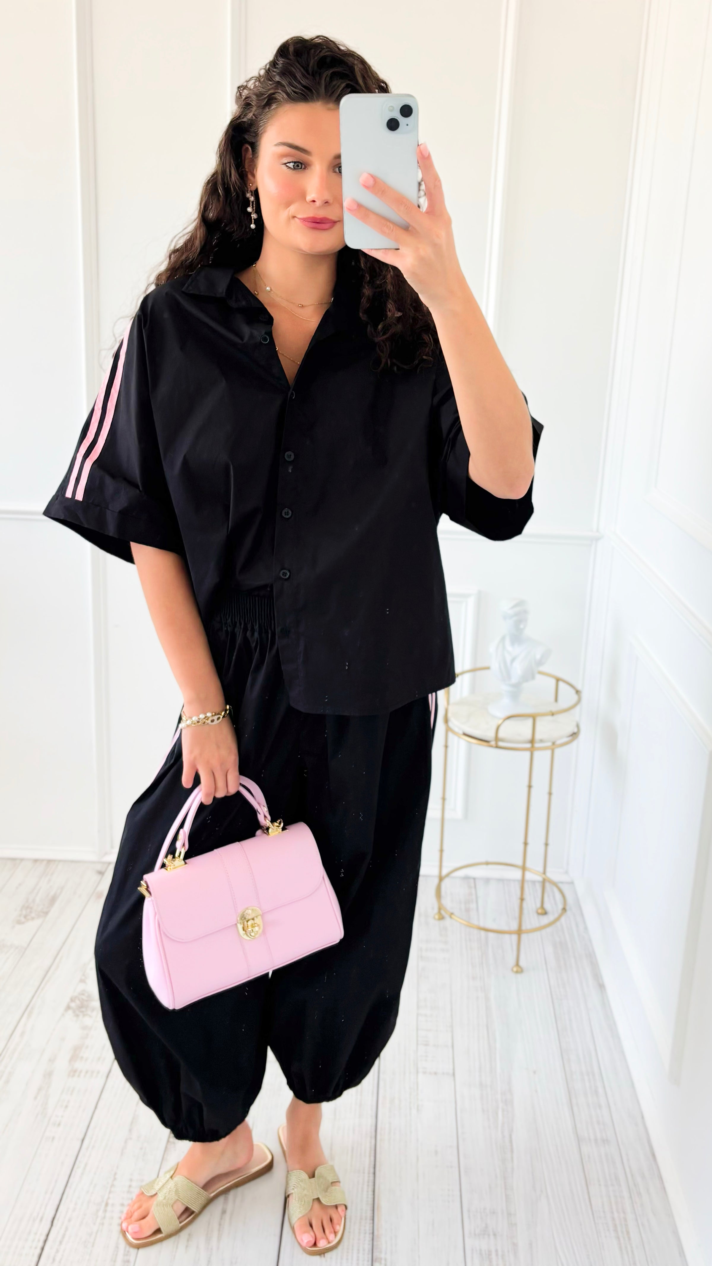 Sporty Chic Side Stripe Italian Jogger- Black