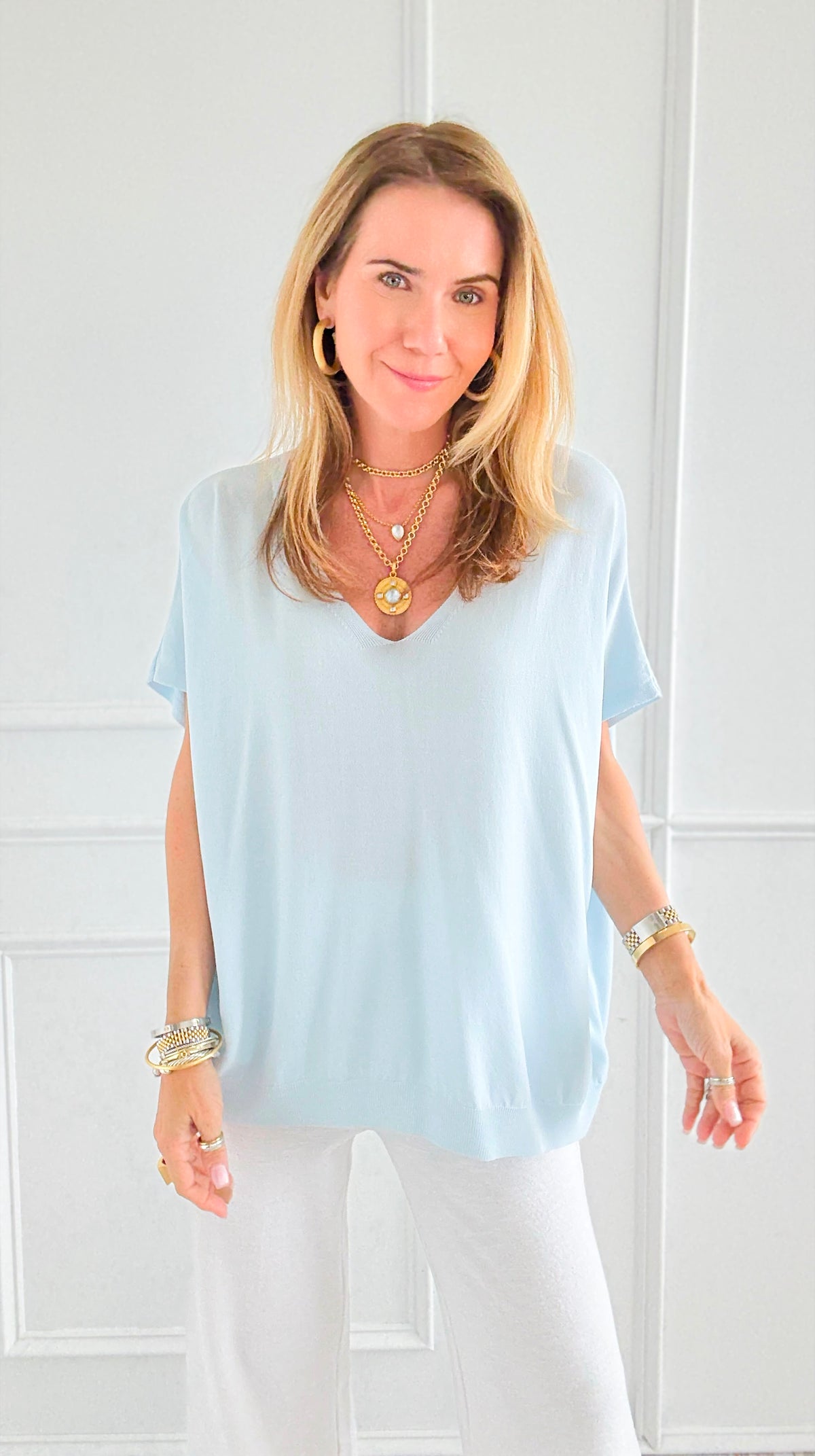 Relaxed Luxe V-Neck Italian Top- Light Blue-140 Sweaters-Italianissimo-Coastal Bloom Boutique, find the trendiest versions of the popular styles and looks Located in Indialantic, FL