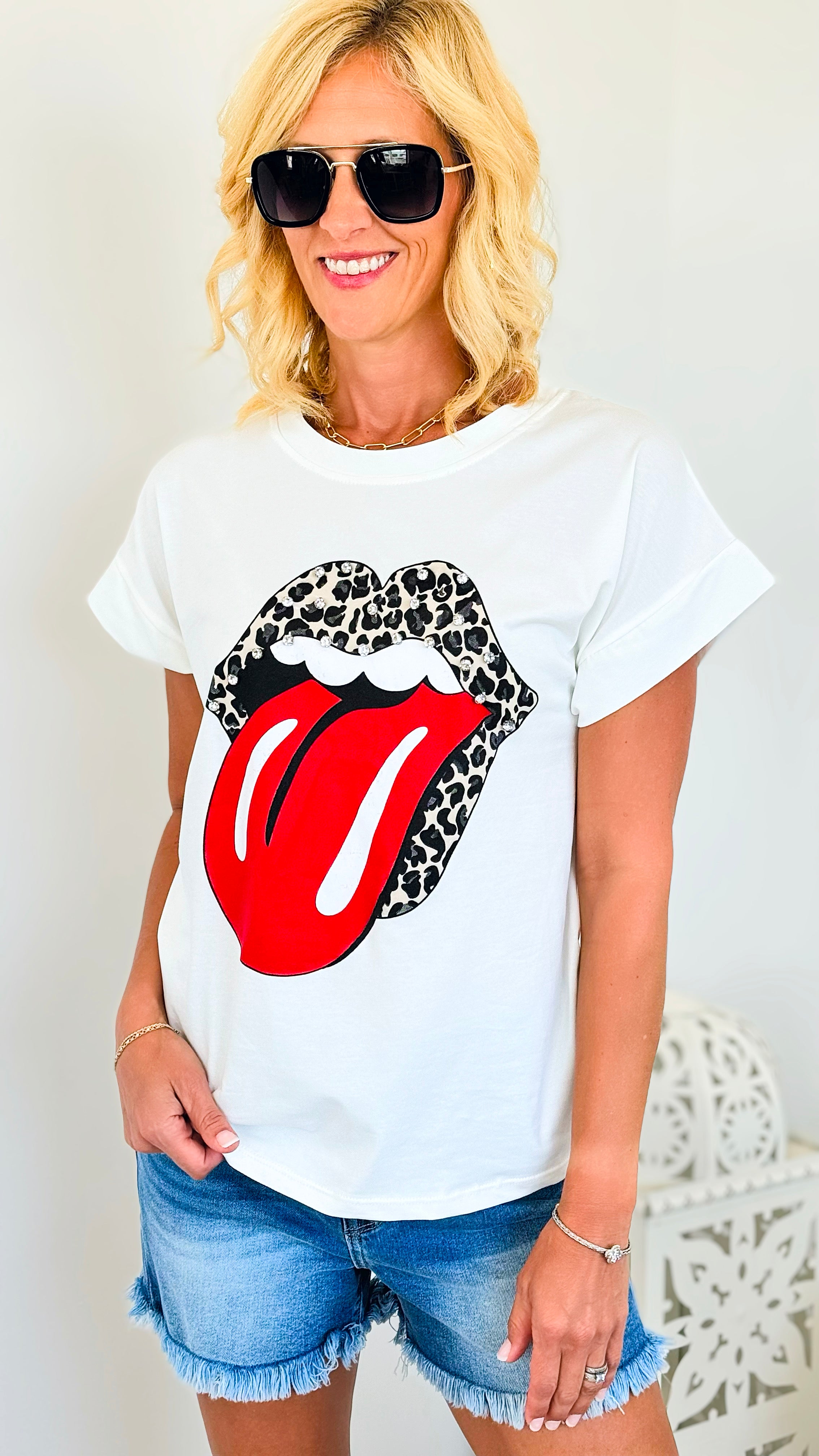 Bling Bite Italian Tee - White-110 Short Sleeve Tops-Italianissimo-Coastal Bloom Boutique, find the trendiest versions of the popular styles and looks Located in Indialantic, FL