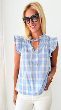 Plaid Frill Tie Neck Top-110 Short Sleeve Tops-GIGIO-Coastal Bloom Boutique, find the trendiest versions of the popular styles and looks Located in Indialantic, FL
