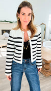 Boulevard Belle Stripe Knit Cardigan-150 Cardigans/Layers-English Factory-Coastal Bloom Boutique, find the trendiest versions of the popular styles and looks Located in Indialantic, FL