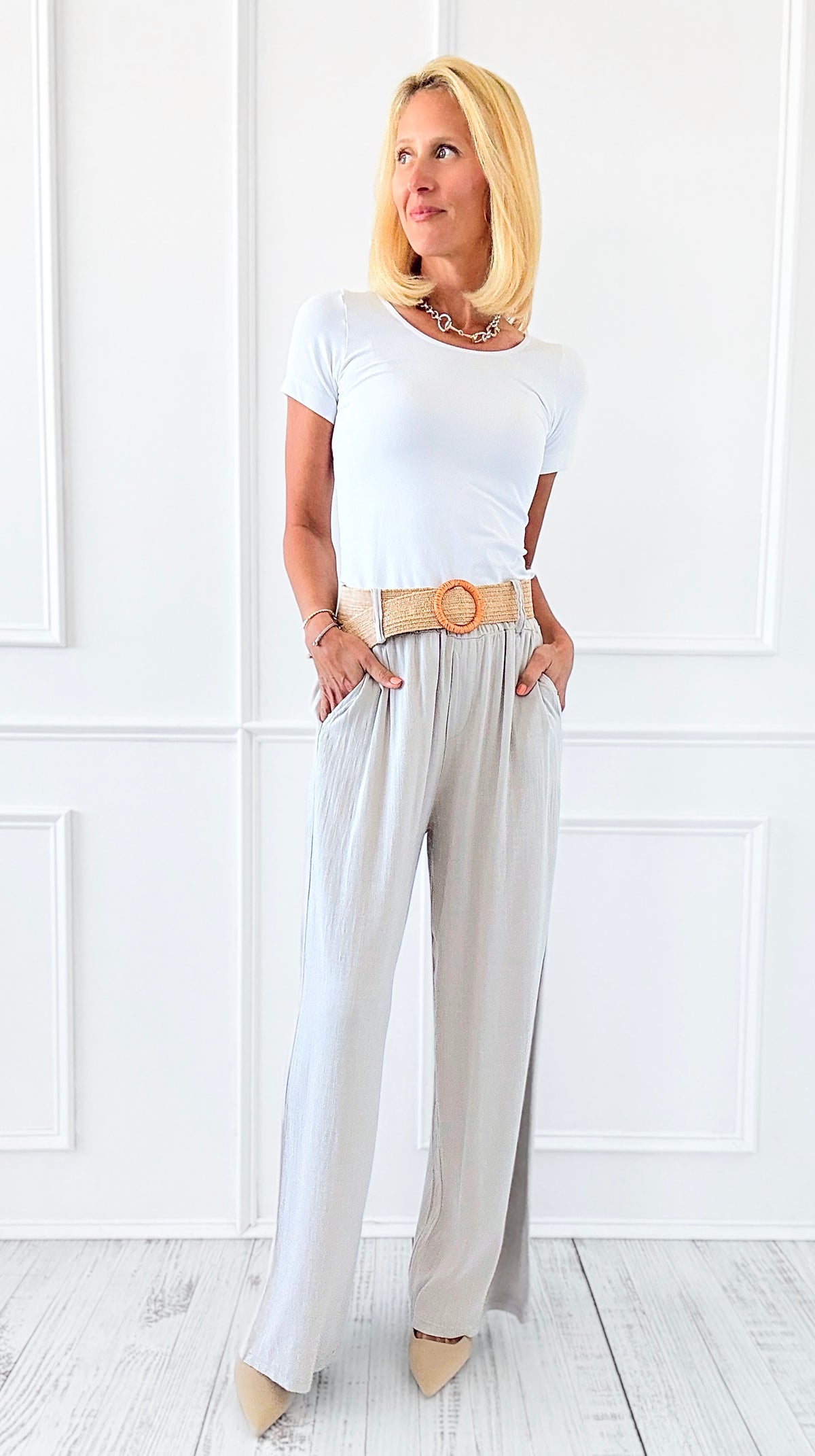 Belted Bliss Italian Pant- Ecru-100 Pants-Italianissimo-Coastal Bloom Boutique, find the trendiest versions of the popular styles and looks Located in Indialantic, FL
