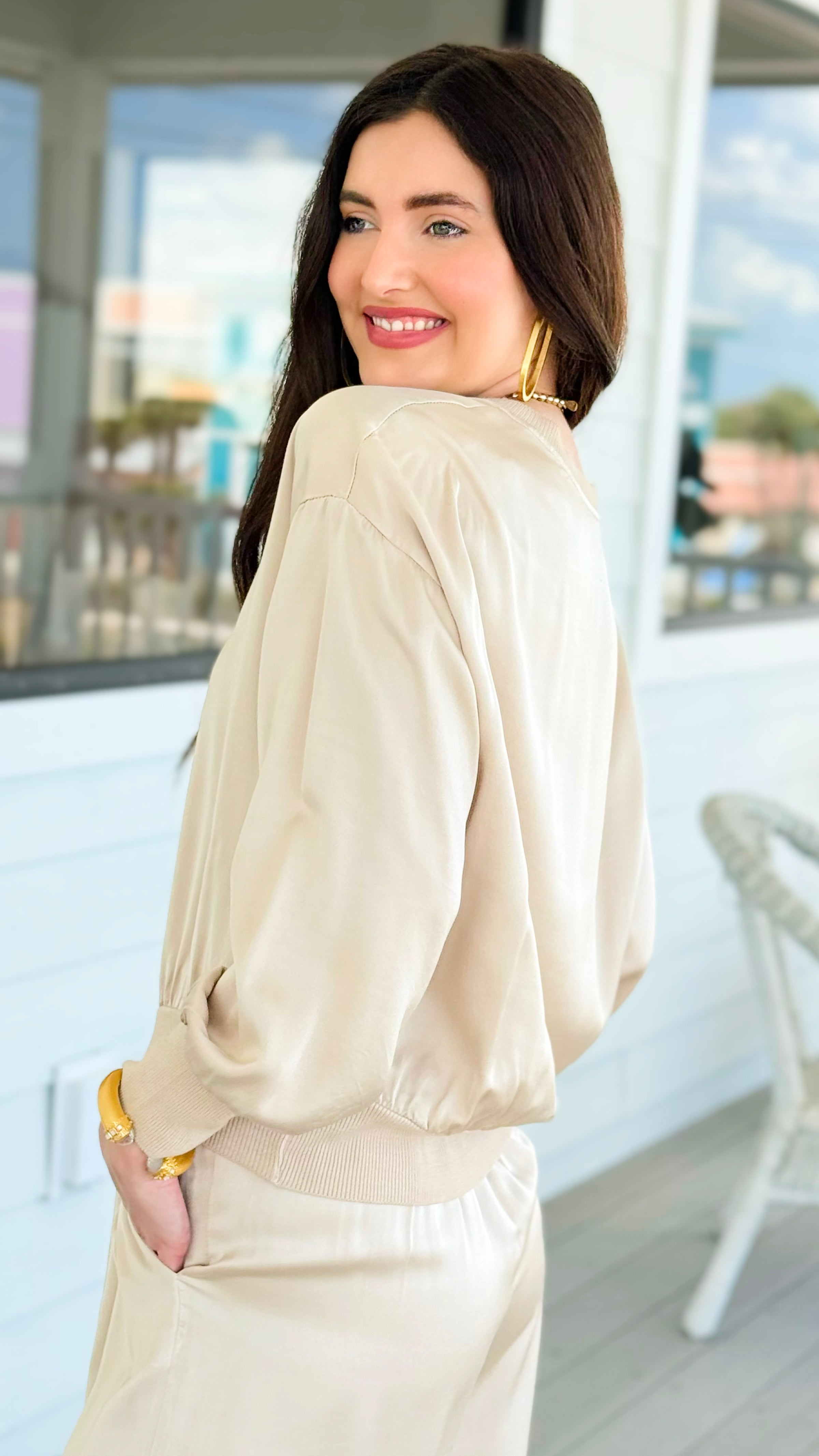 Comfort Silk Touch Italian Long Sleeve Top- Beige