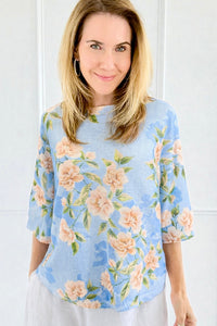Spring Romance Rose St Tropez Short Sleeve Sweater- Blue