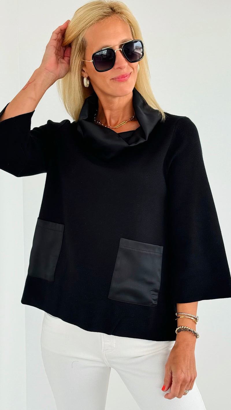 Contrast Satin Cowl Neck Sweater- Black-130 Long sleeve top-Fate BY LFD-Coastal Bloom Boutique, find the trendiest versions of the popular styles and looks Located in Indialantic, FL