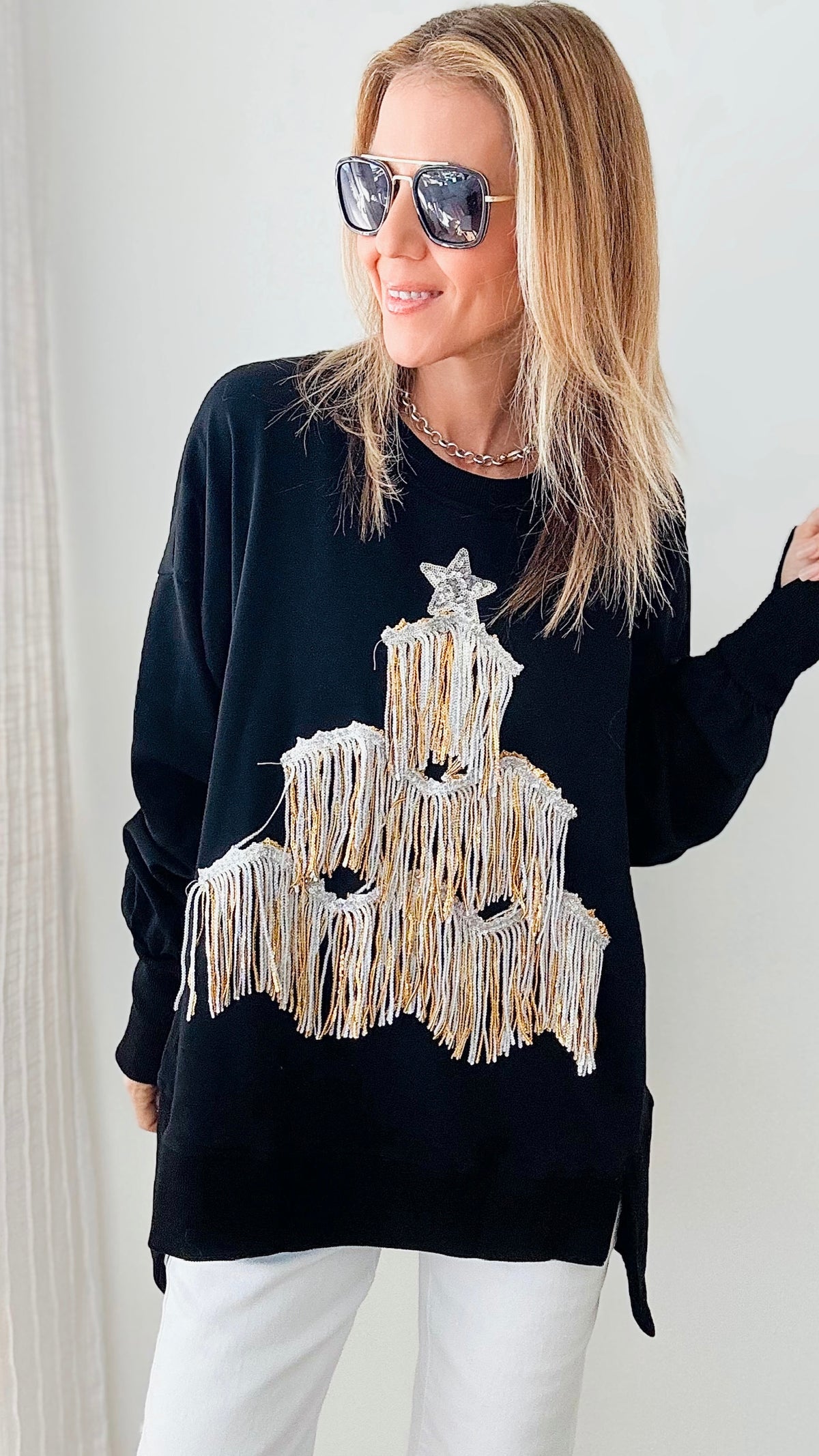 Holiday Sequin Fringe Christmas Tree Top-130 Long Sleeve Tops-Fantastic Fawn-Coastal Bloom Boutique, find the trendiest versions of the popular styles and looks Located in Indialantic, FL