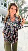 Floral Muse Velvet Button Down Blouse - Green/ Red-130 Long Sleeve Tops-sew in love-Coastal Bloom Boutique, find the trendiest versions of the popular styles and looks Located in Indialantic, FL