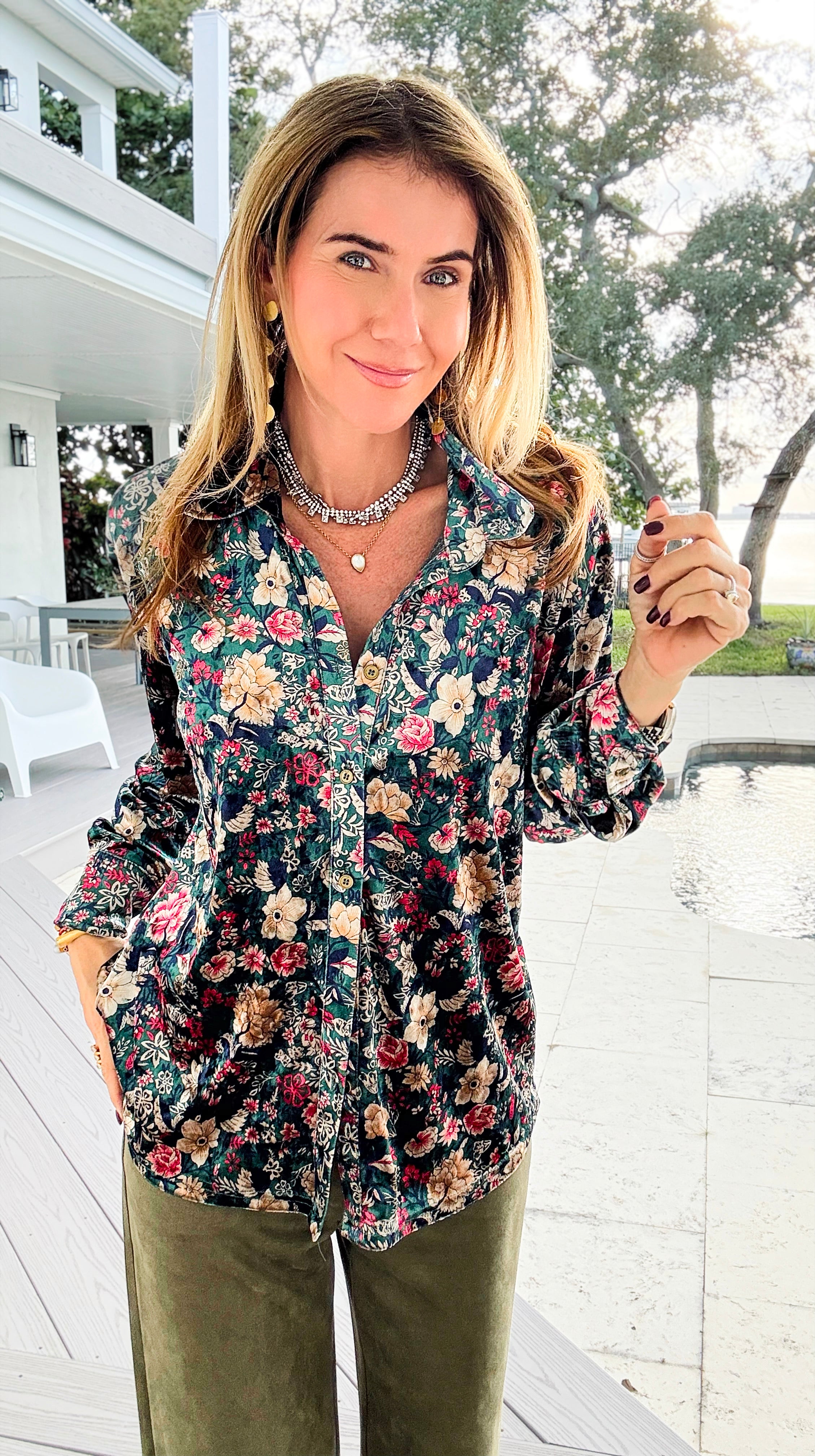 Floral Muse Velvet Button Down Blouse - Green/ Red-130 Long Sleeve Tops-sew in love-Coastal Bloom Boutique, find the trendiest versions of the popular styles and looks Located in Indialantic, FL