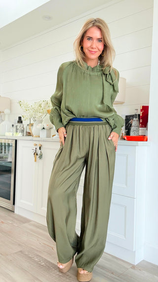 Contrast Waist Pants - Olive