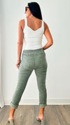 Italian Pants with Lace and Writing - Olive-180 Joggers-Look Mode-Coastal Bloom Boutique, find the trendiest versions of the popular styles and looks Located in Indialantic, FL