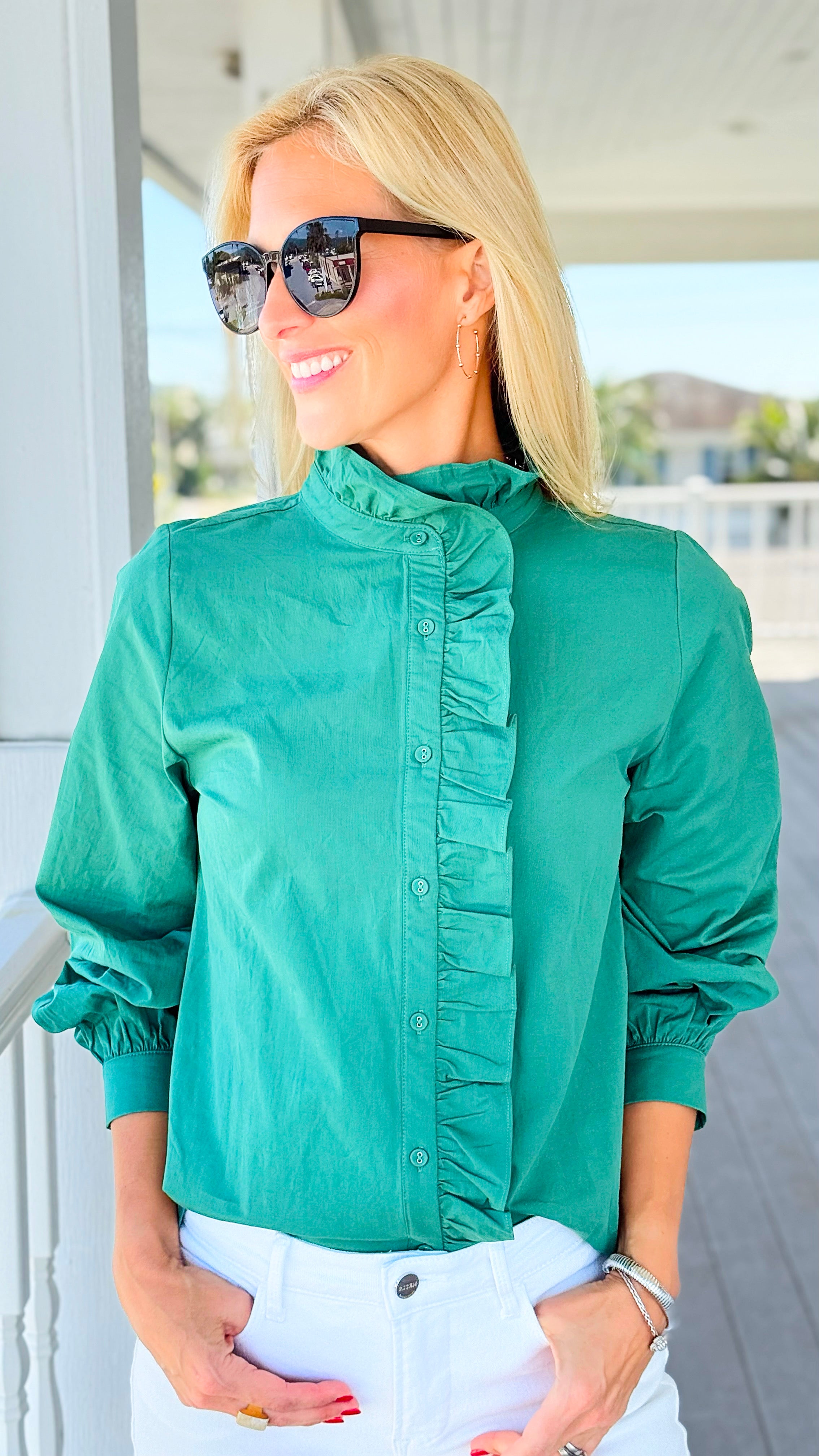 Whispered Ruffles Collared Top - Pine Green-130 Long Sleeve Tops-JODIFL-Coastal Bloom Boutique, find the trendiest versions of the popular styles and looks Located in Indialantic, FL