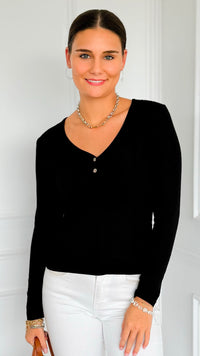 Button Me Up Ribbed Top - Black-130 Long Sleeve Tops-YELETE-Coastal Bloom Boutique, find the trendiest versions of the popular styles and looks Located in Indialantic, FL