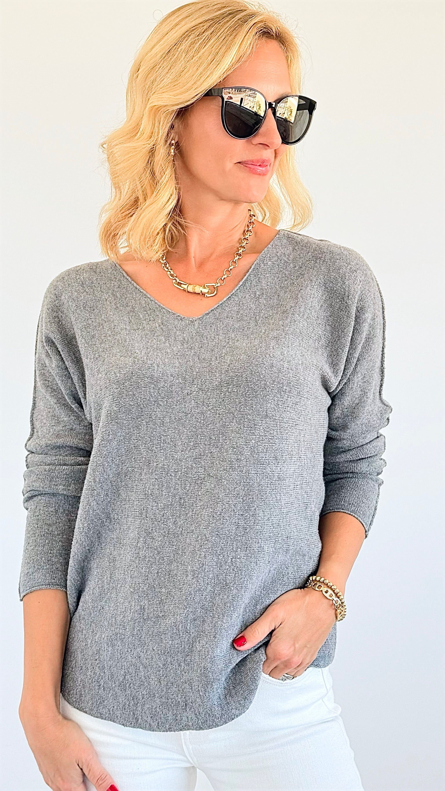 Soho Italian V-Neck Pullover - Heather Gray-140 Sweaters-Italianissimo-Coastal Bloom Boutique, find the trendiest versions of the popular styles and looks Located in Indialantic, FL