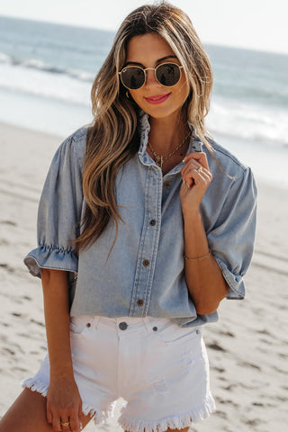 Seabreeze Ruffle Chambray Puff Sleeve Top