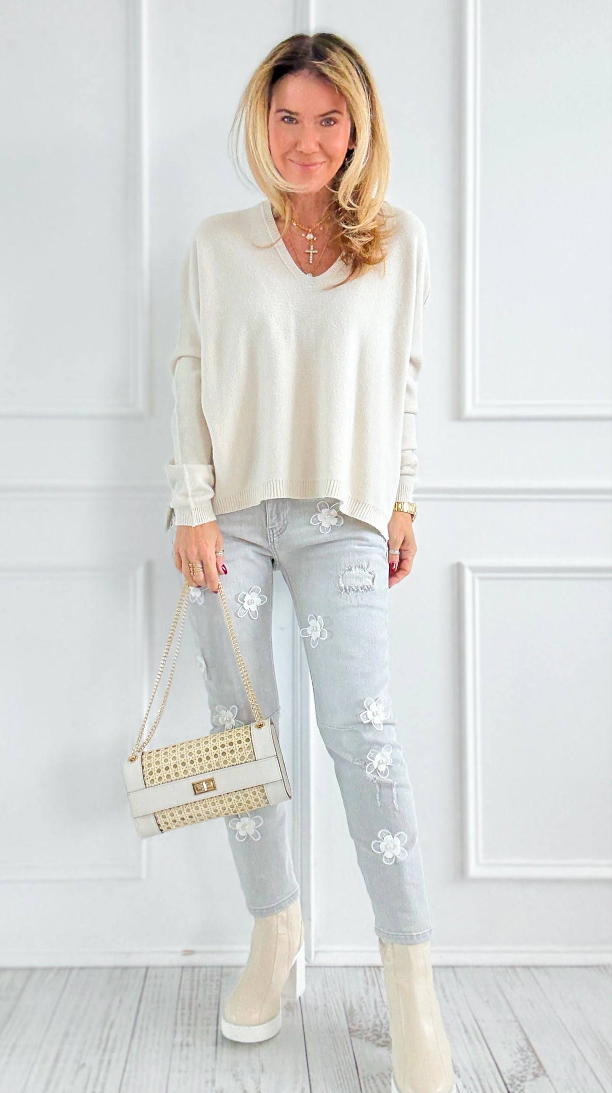 Pearl Petals Italian Denim Pant-100 Pants-DIPINTO DI BLU-Coastal Bloom Boutique, find the trendiest versions of the popular styles and looks Located in Indialantic, FL