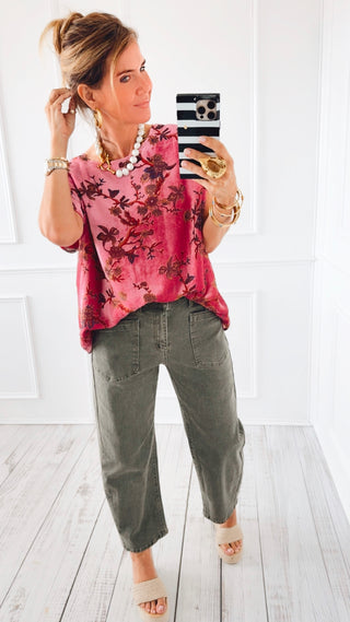 Relaxed Wide Leg Cropped Jeans - Olive Green