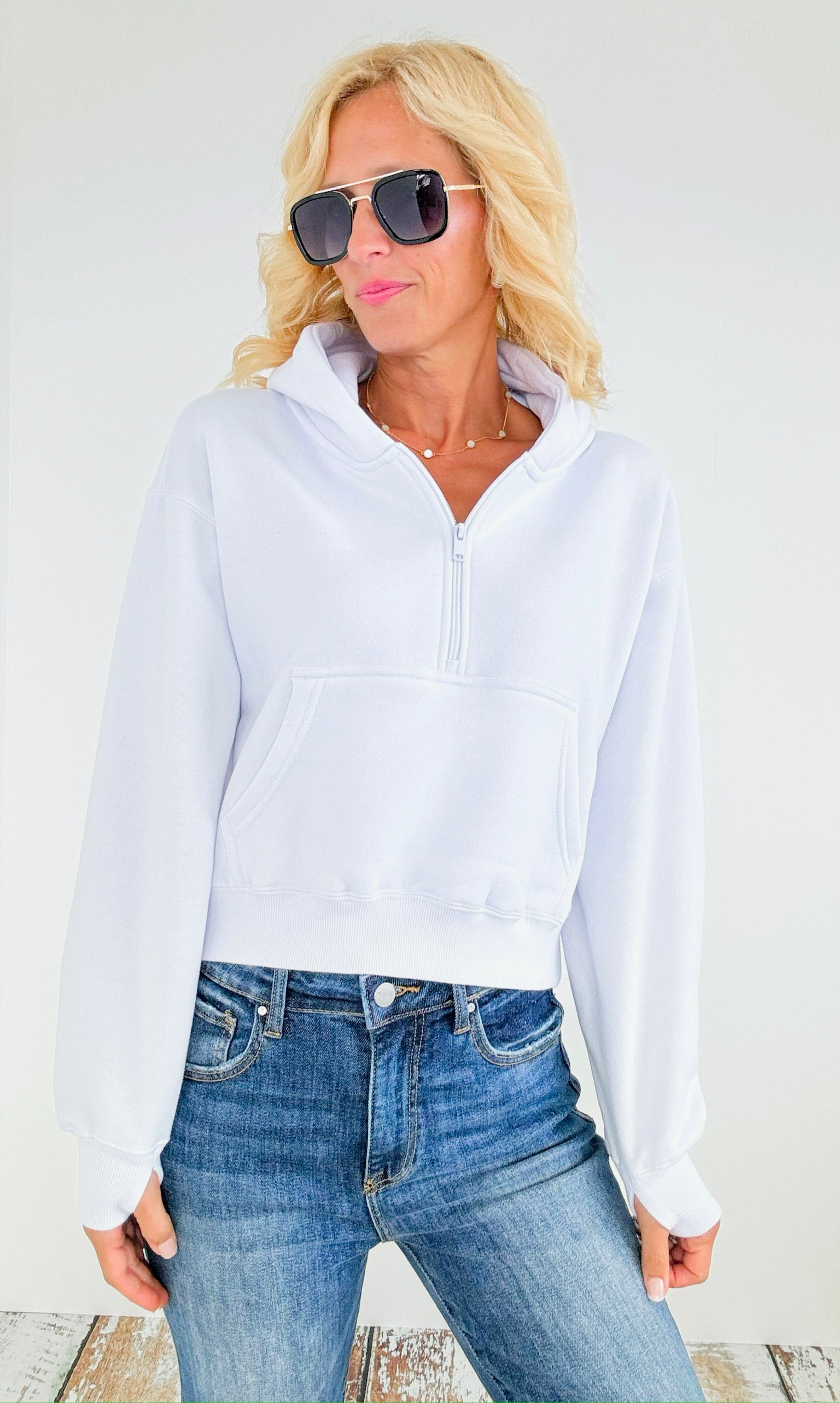 Half Zip Fleece Hoodie- White-140 Sweaters-reflex-Coastal Bloom Boutique, find the trendiest versions of the popular styles and looks Located in Indialantic, FL