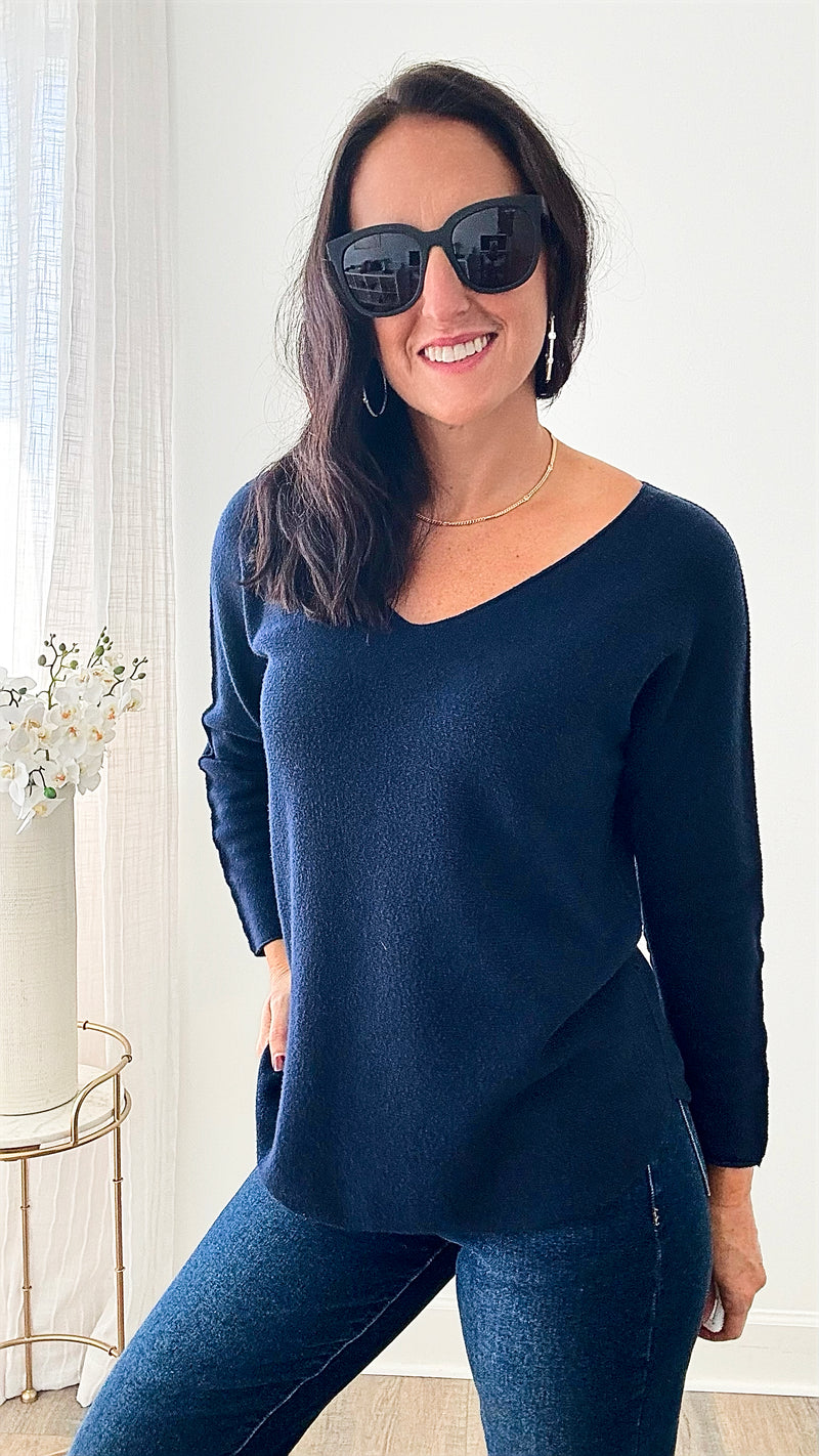 Soho Italian V-Neck Pullover - Navy-140 Sweaters-Italianissimo-Coastal Bloom Boutique, find the trendiest versions of the popular styles and looks Located in Indialantic, FL
