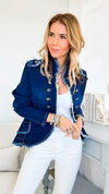 Italian Sgt.Pepper Frayed Denim Jacket - Dark Denim-160 Jackets-Venti6 Outlet-Coastal Bloom Boutique, find the trendiest versions of the popular styles and looks Located in Indialantic, FL