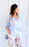 Breeze Ruffle Neck Italian Shirt- Sky Blue-170 Bottoms-Italianissimo-Coastal Bloom Boutique, find the trendiest versions of the popular styles and looks Located in Indialantic, FL
