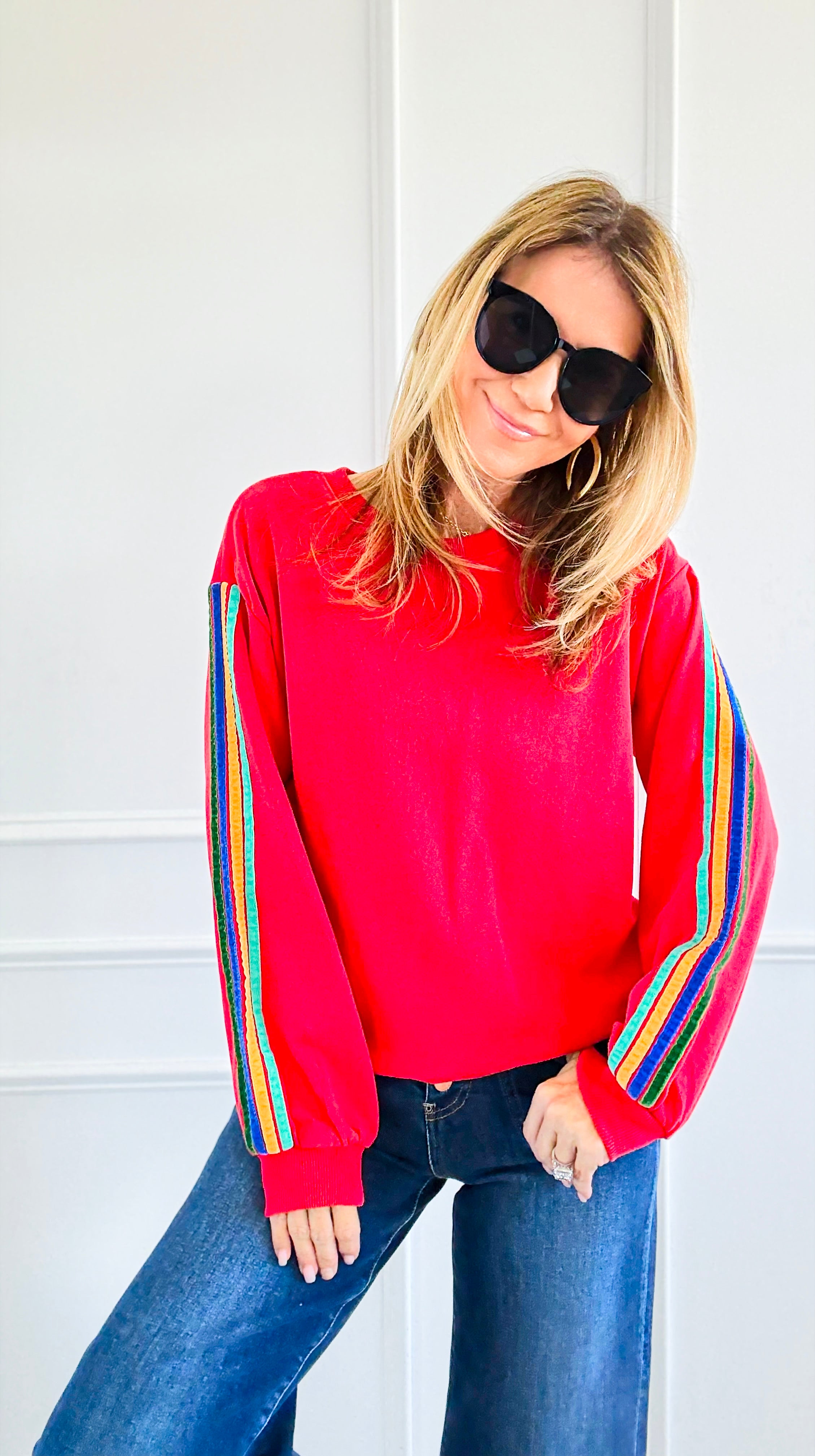 Rainbow Sleeve Statement Sweatshirt-110 Long Sleeve Tops-JODIFL-Coastal Bloom Boutique, find the trendiest versions of the popular styles and looks Located in Indialantic, FL