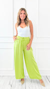 Angora Italian Satin Pant - Lime-170 Bottoms-Italianissimo-Coastal Bloom Boutique, find the trendiest versions of the popular styles and looks Located in Indialantic, FL