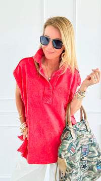 Weekend Ease Washed Collar Top - Red-110 Short Sleeve Tops-White Birch-Coastal Bloom Boutique, find the trendiest versions of the popular styles and looks Located in Indialantic, FL