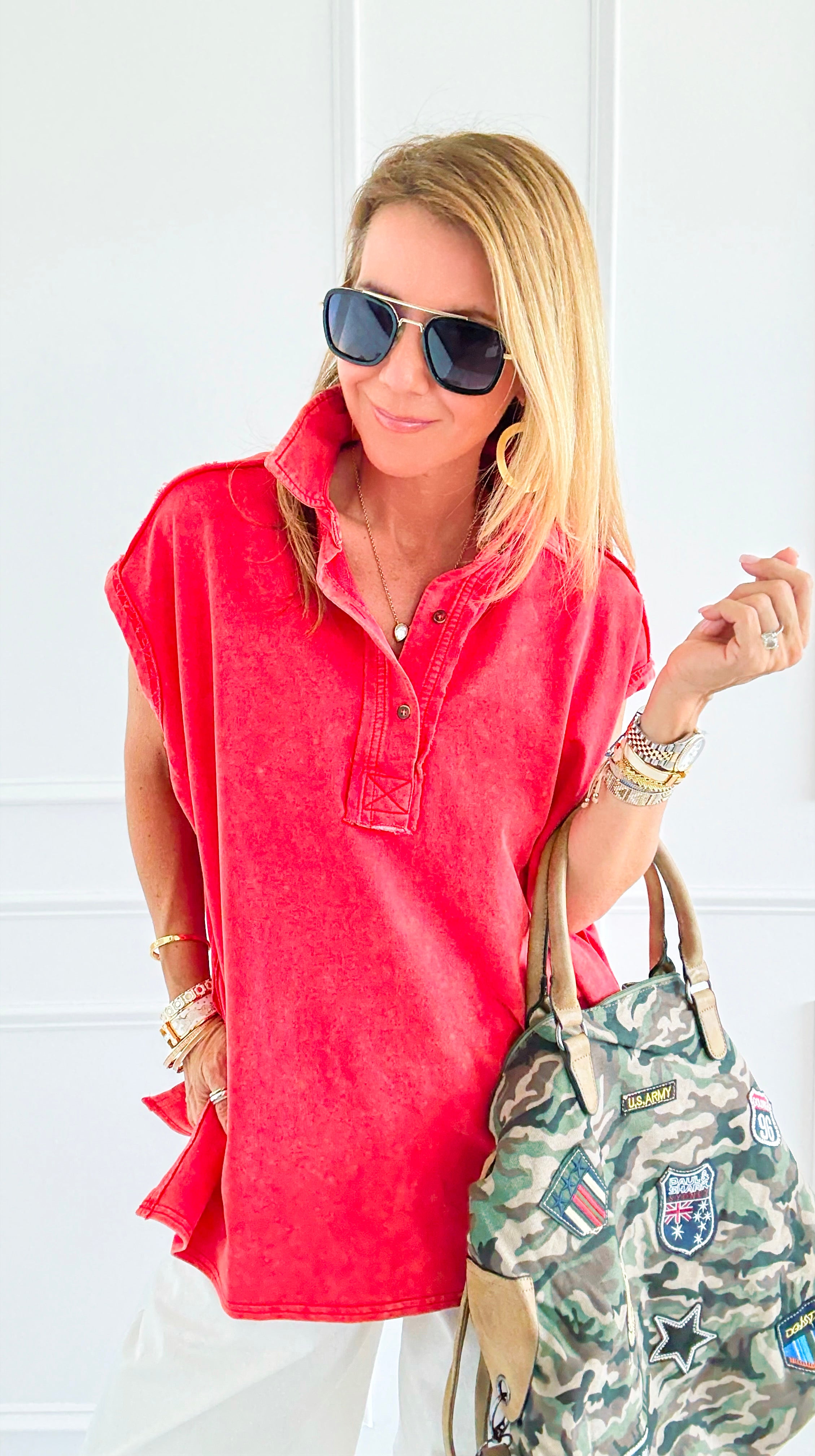 Weekend Ease Washed Collar Top - Red-110 Short Sleeve Tops-White Birch-Coastal Bloom Boutique, find the trendiest versions of the popular styles and looks Located in Indialantic, FL