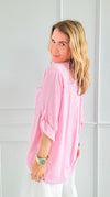 Rhinestone Striped Italian Blouse- Pink-170 Bottoms-Italianissimo-Coastal Bloom Boutique, find the trendiest versions of the popular styles and looks Located in Indialantic, FL