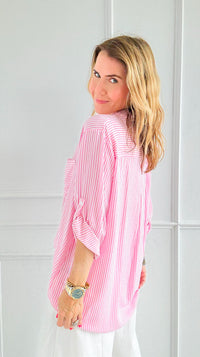 Rhinestone Striped Italian Blouse- Pink-170 Bottoms-Italianissimo-Coastal Bloom Boutique, find the trendiest versions of the popular styles and looks Located in Indialantic, FL
