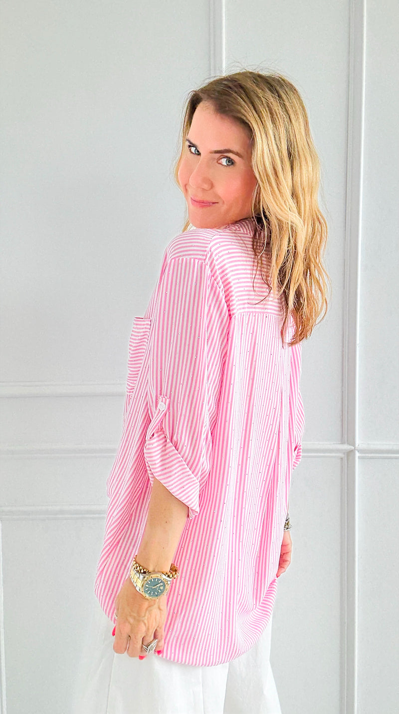 Rhinestone Striped Italian Blouse- Pink-170 Bottoms-Italianissimo-Coastal Bloom Boutique, find the trendiest versions of the popular styles and looks Located in Indialantic, FL