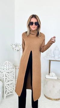 Chic Long Split Italian Sweater - Camel-150 Cardigans/Layers-Italianissimo-Coastal Bloom Boutique, find the trendiest versions of the popular styles and looks Located in Indialantic, FL