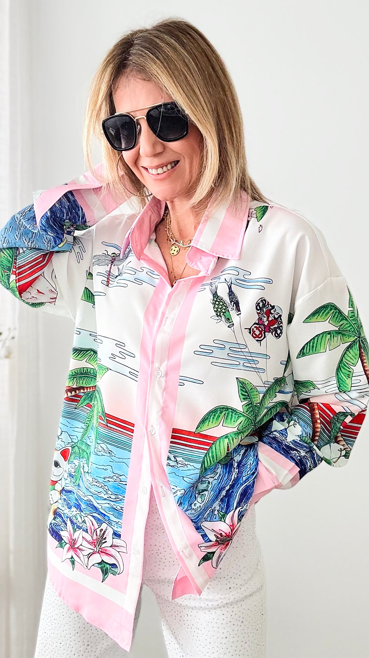 Casablanca Tropical Blouse-170 Bottoms-Beston/CHASING BANDITS-Coastal Bloom Boutique, find the trendiest versions of the popular styles and looks Located in Indialantic, FL