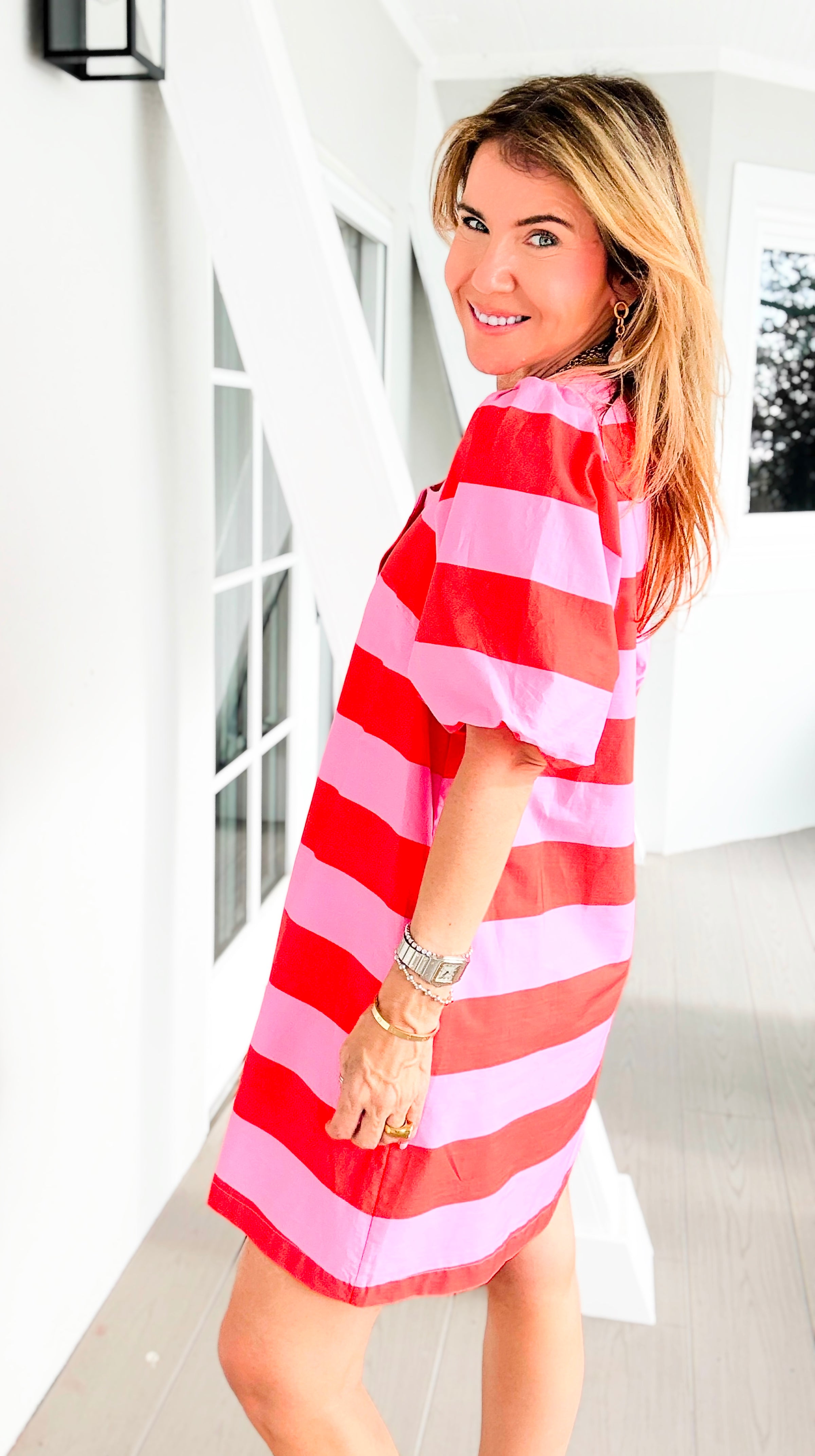 Sunset Harbor Stripe Puff Mini Dress