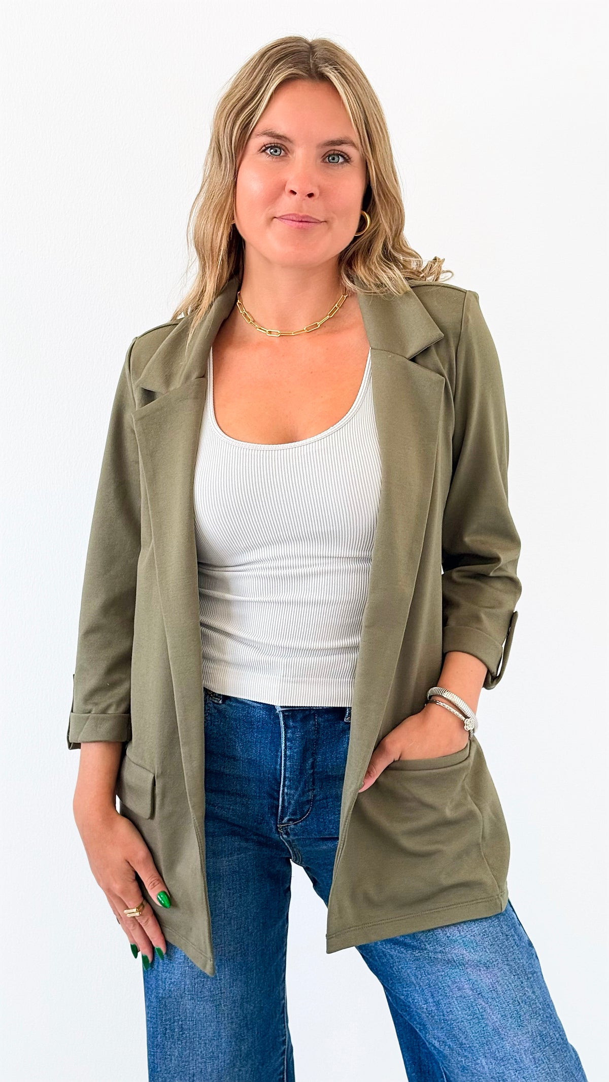 Tailored Open Front Blazer - Sage-160 Jackets-26 INTERNATIONAL-Coastal Bloom Boutique, find the trendiest versions of the popular styles and looks Located in Indialantic, FL