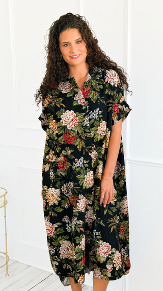 Classic Bloom Italian Button Long Dress- Black