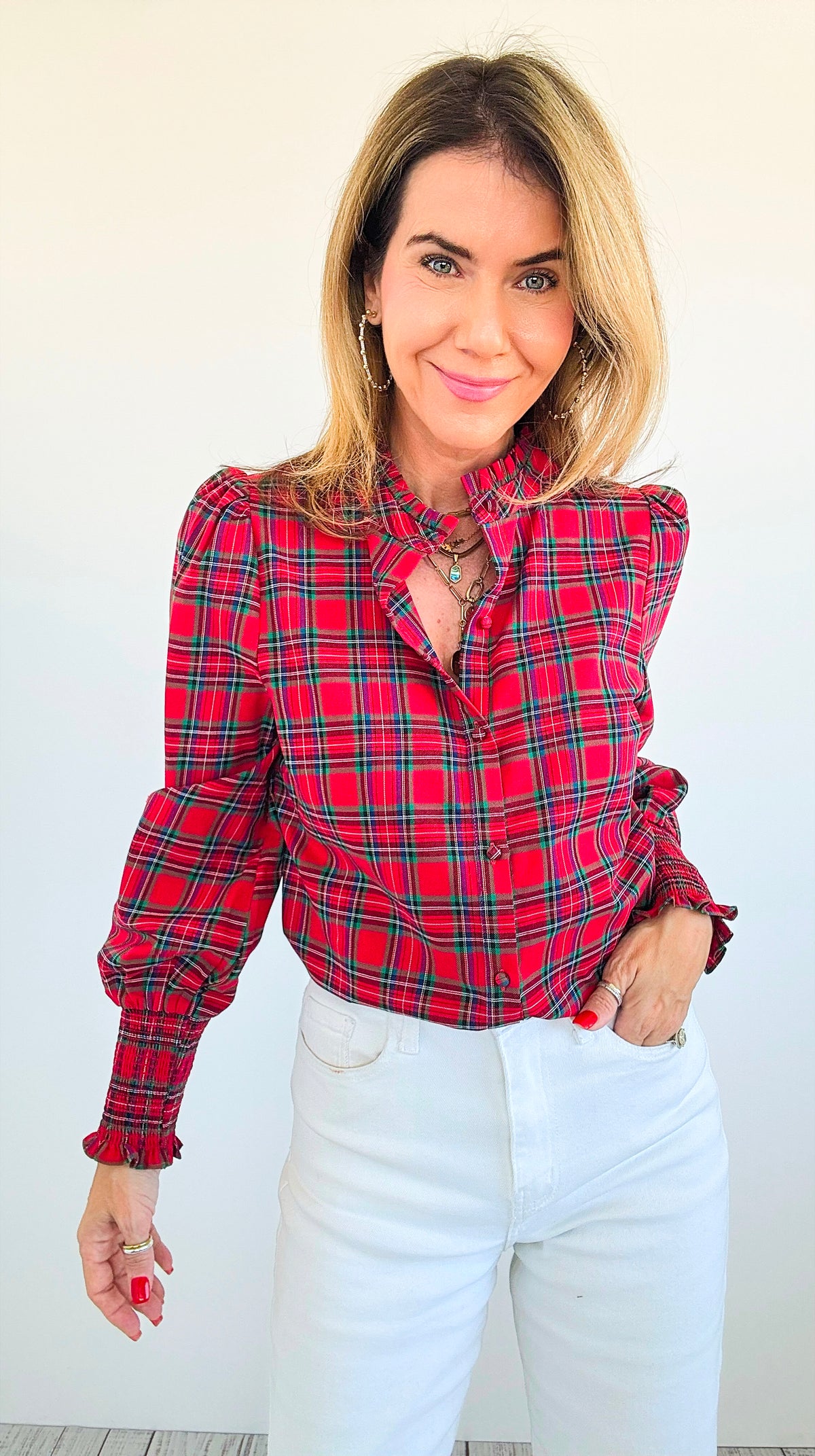 Autumn Plaid Ruffle Button Top- Red-130 Long Sleeve Tops-SUGARLIPS-Coastal Bloom Boutique, find the trendiest versions of the popular styles and looks Located in Indialantic, FL