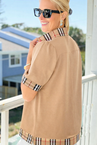 Plaid Trim Split Neck Top -  Taupe