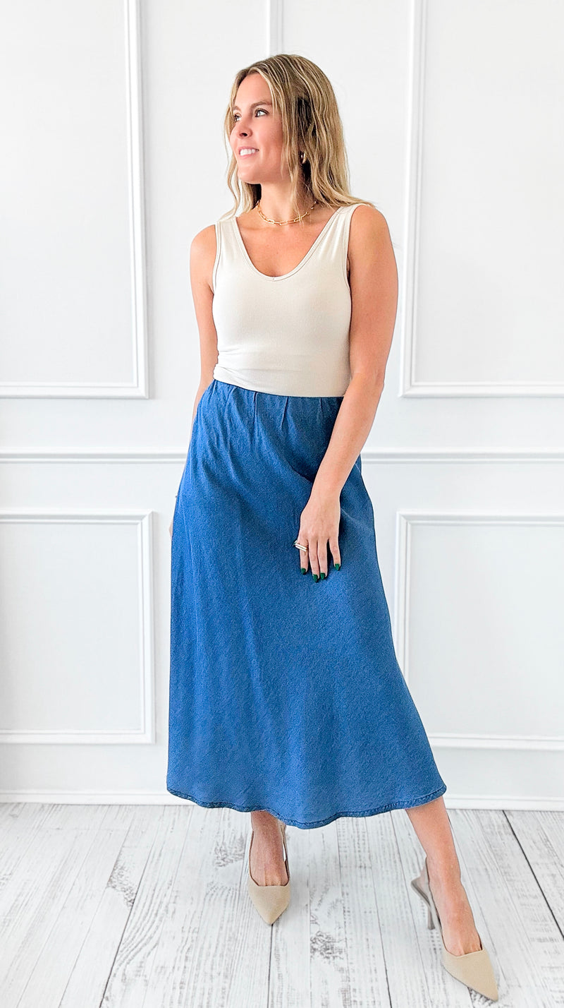 Denim Italian Midi Skirt- Medium-170 Bottoms-Italianissimo-Coastal Bloom Boutique, find the trendiest versions of the popular styles and looks Located in Indialantic, FL