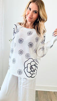 Classic Noir Petals Italian St Tropez Sweater - White-140 Sweaters-Italianissimo-Coastal Bloom Boutique, find the trendiest versions of the popular styles and looks Located in Indialantic, FL