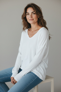 Italian Mineral Wash V-Neck Top-White-110 Long Sleeve Tops-FATTURA ACCOMPAGNATORIA-Coastal Bloom Boutique, find the trendiest versions of the popular styles and looks Located in Indialantic, FL