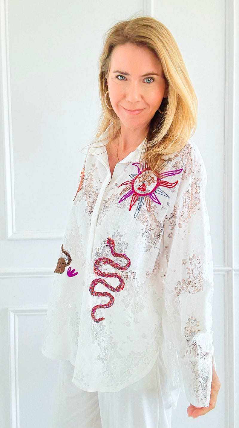 Lace Menagerie Italian Blouse- White-110 Long Sleeve Tops-TATTOO Z-Coastal Bloom Boutique, find the trendiest versions of the popular styles and looks Located in Indialantic, FL