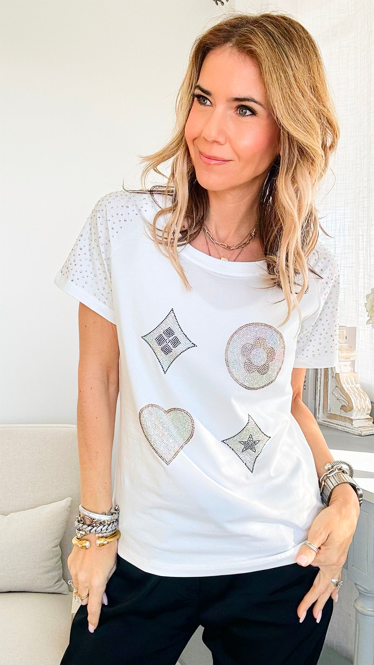 Clover and Flower Rhinestone Graphic Top - White-110 Short Sleeve Tops-in2you-Coastal Bloom Boutique, find the trendiest versions of the popular styles and looks Located in Indialantic, FL
