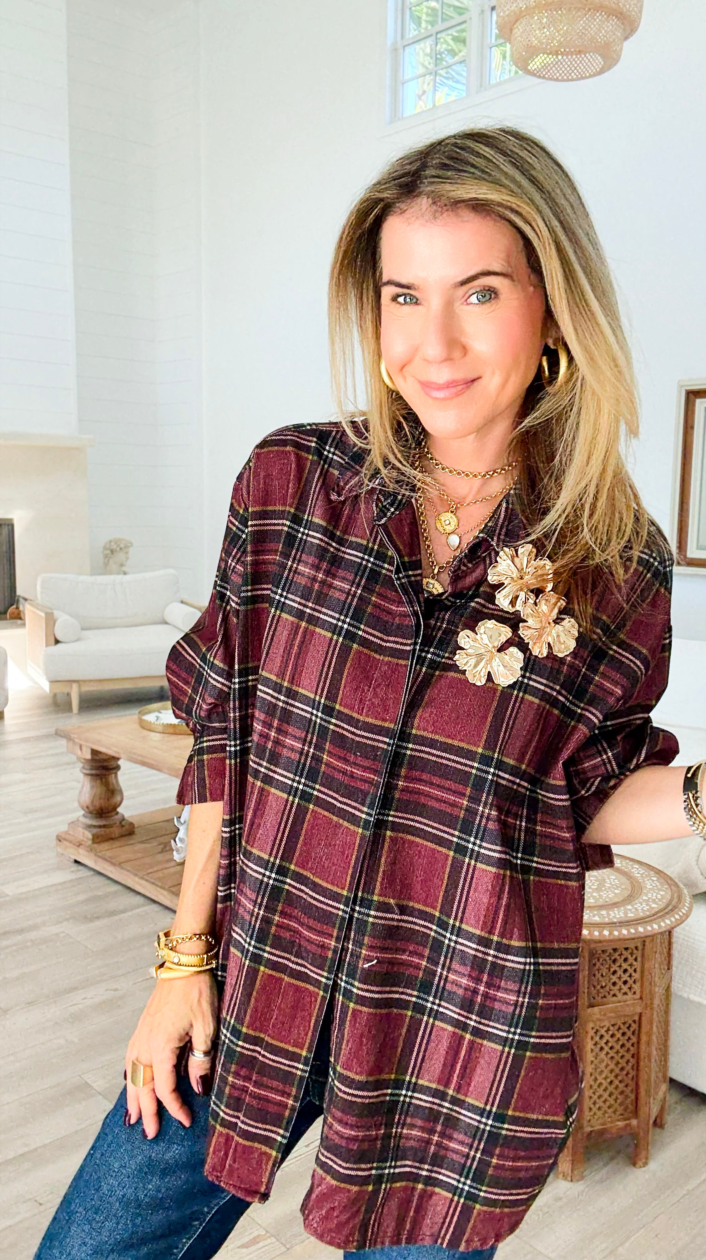 Plaid Petals Corduroy Italian Blouse