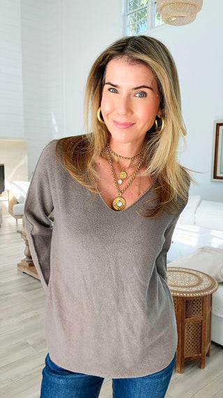 Soho Italian V-Neck Pullover - Taupe-140 Sweaters-Italianissimo/ Max & D-Coastal Bloom Boutique, find the trendiest versions of the popular styles and looks Located in Indialantic, FL