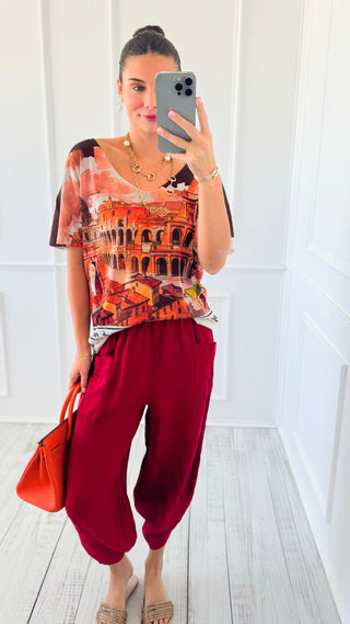 La Spezia Barrel Linen Italian Pant- Wine